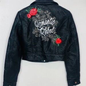 🌹 RARE Guess "Romantic Rebel" Embroidered Moto Jacket - Excellent Condition 😎👑🐝